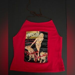 Vintage DKNY Jeans Red Halter Top Cheetah & Blonde Bombshell Print | Y2K Style